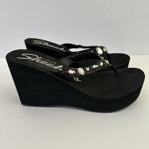 Skechers Y2K Chunky 3.75” Platform Wedge Sandals Flip Flops Rhinestones Sz 9